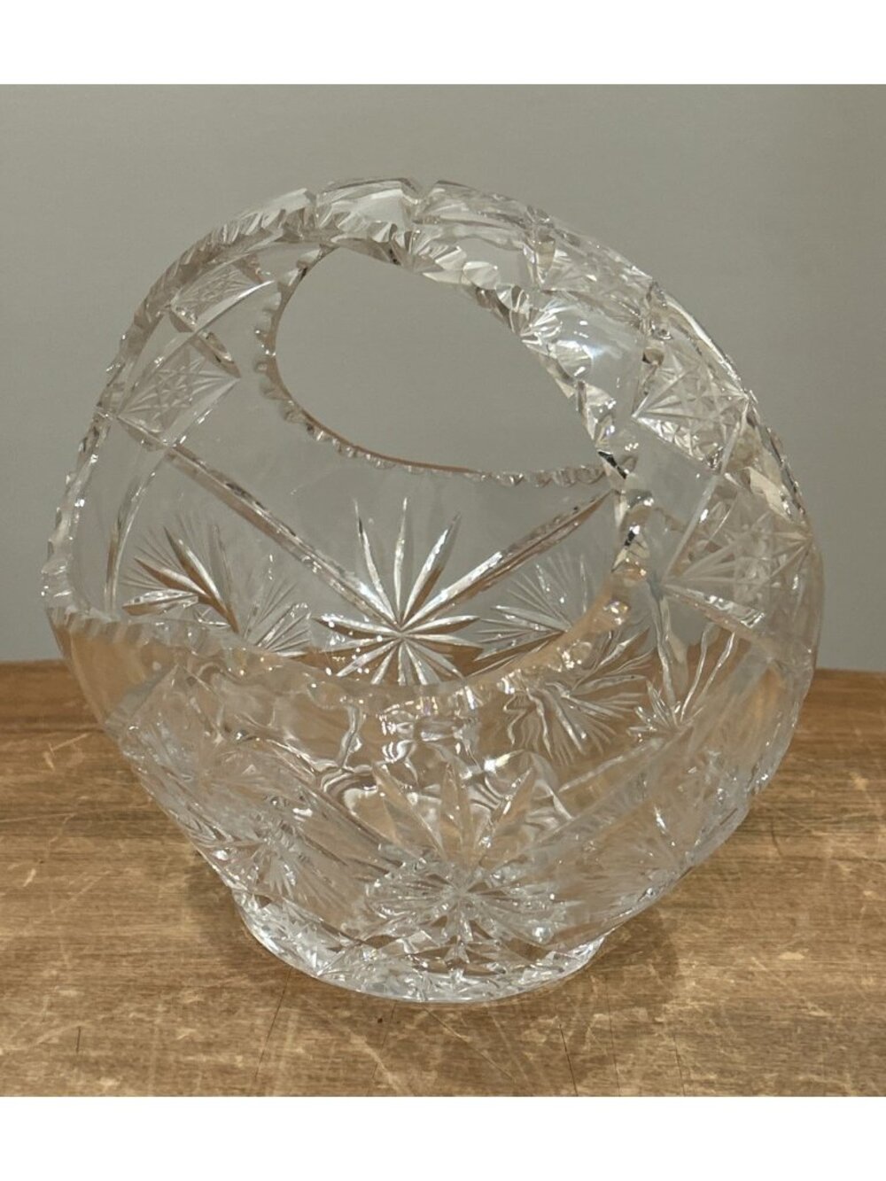 Vintage 1960s Czech? Basket Bowl Clear Cut Glass Lead Crystal Star Pattern